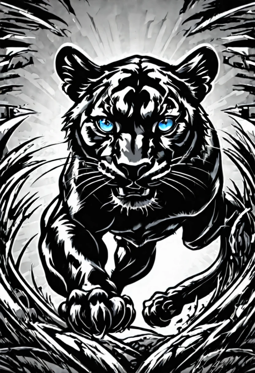 a black and white drawing of a panther with its claws out and ready to, high school mascot, panther, mascot, vector art for cnc plasma, black and white logo, sports team mascot, sports mascot, black outline, black and white vector art, sports logo, panther theme logo, panther logo art
