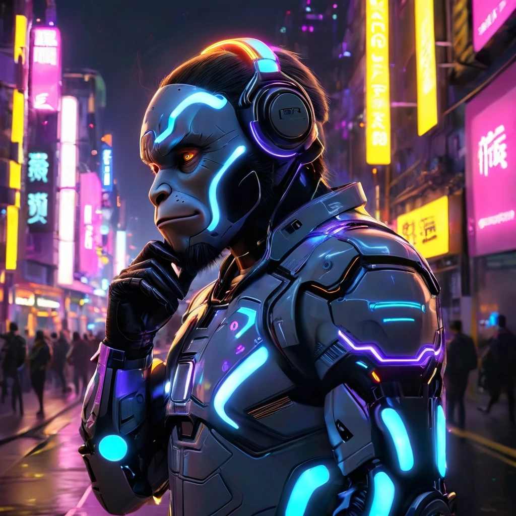 Create a cyberpunk neon illustration of one of the three wise monkeys. This monkey is covering its ears with its hands and wearing a high-tech neon headset. The scene is set in a futuristic cityscape with glowing neon lights and holographic advertisements in the background.