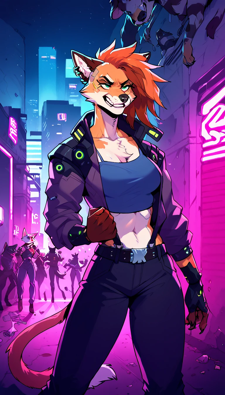 score_9, score_8_up, score_7_up,

(cyberpunk city, night alley, midnight, furry crowd on background, [cat, dog, fox, wolf, cow, bull:0.33], fight club, brawling), 

((bull:1.2), anthro, female, looking to camera, stand calm, ((closeup portrait)), fur, short punk haircut, beautiful, have a cyberpunk-style augmentations, grin)