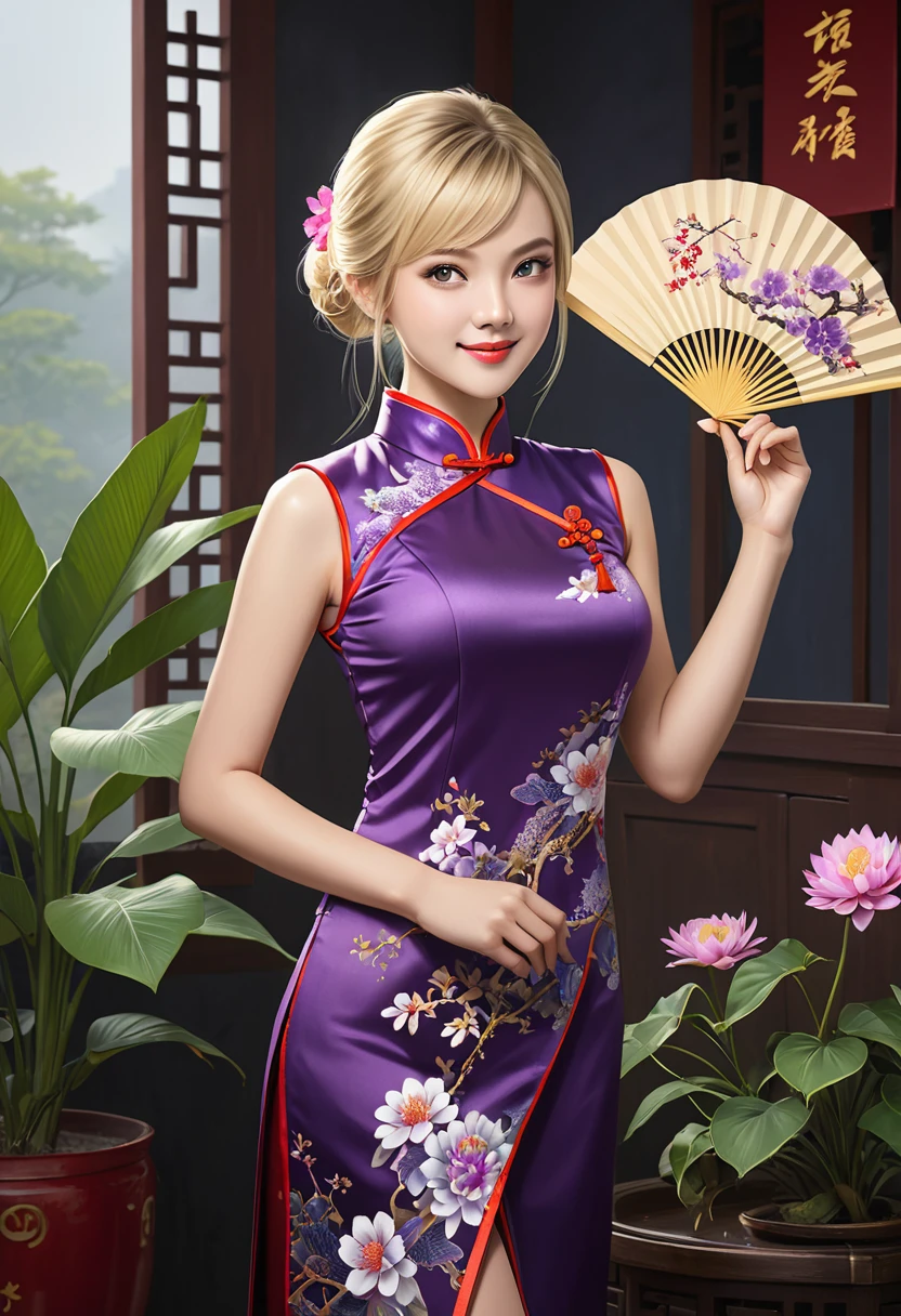 1girl, solo, purple chinese clothes, Cheongsam, blonde hair, looking at viewer, smile, blue eyes, hand fan, hand on hip, flower, plant, realistic,