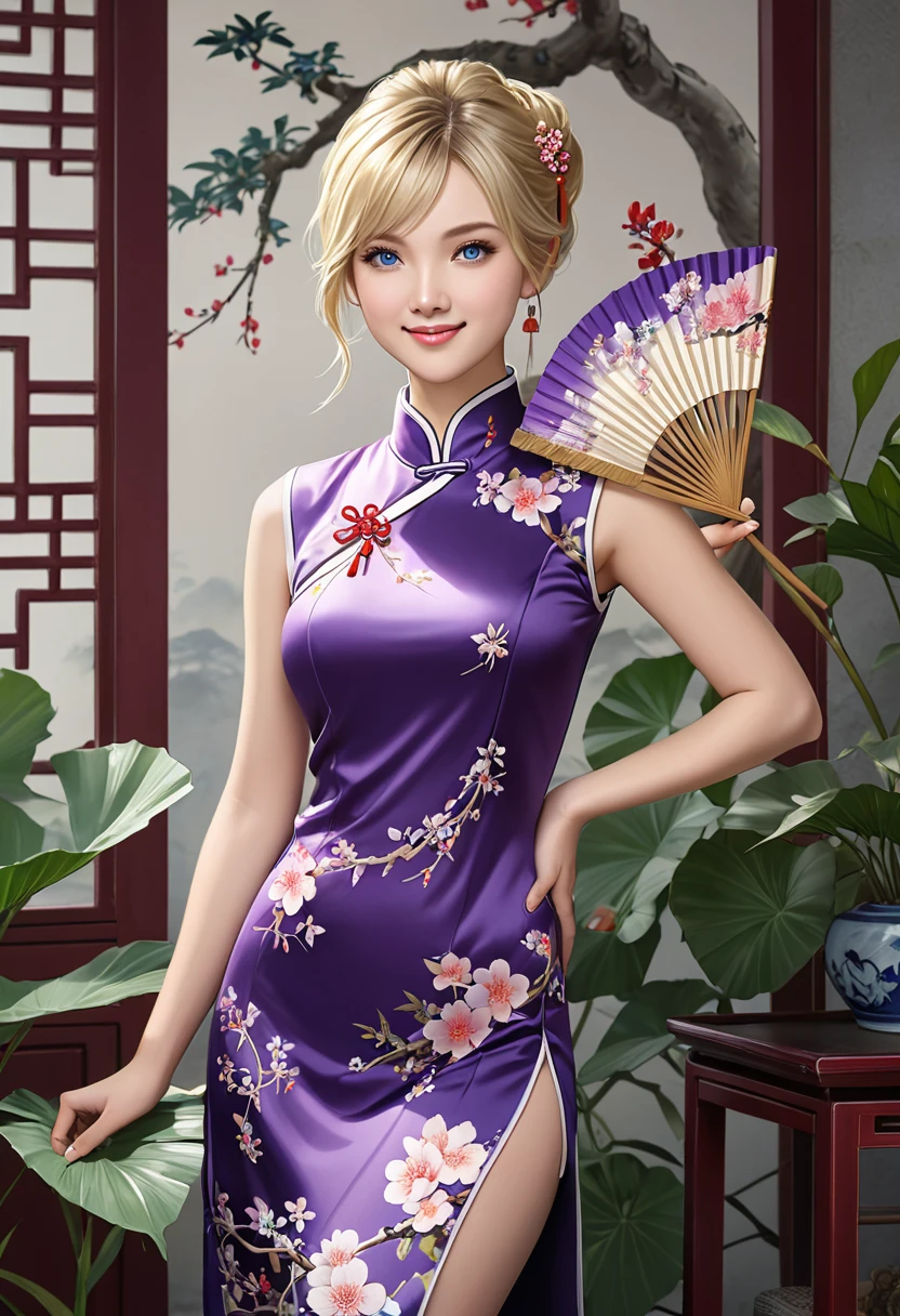 1girl, solo, purple chinese clothes, Cheongsam, blonde hair, looking at viewer, smile, blue eyes, hand fan, hand on hip, flower, plant, realistic,