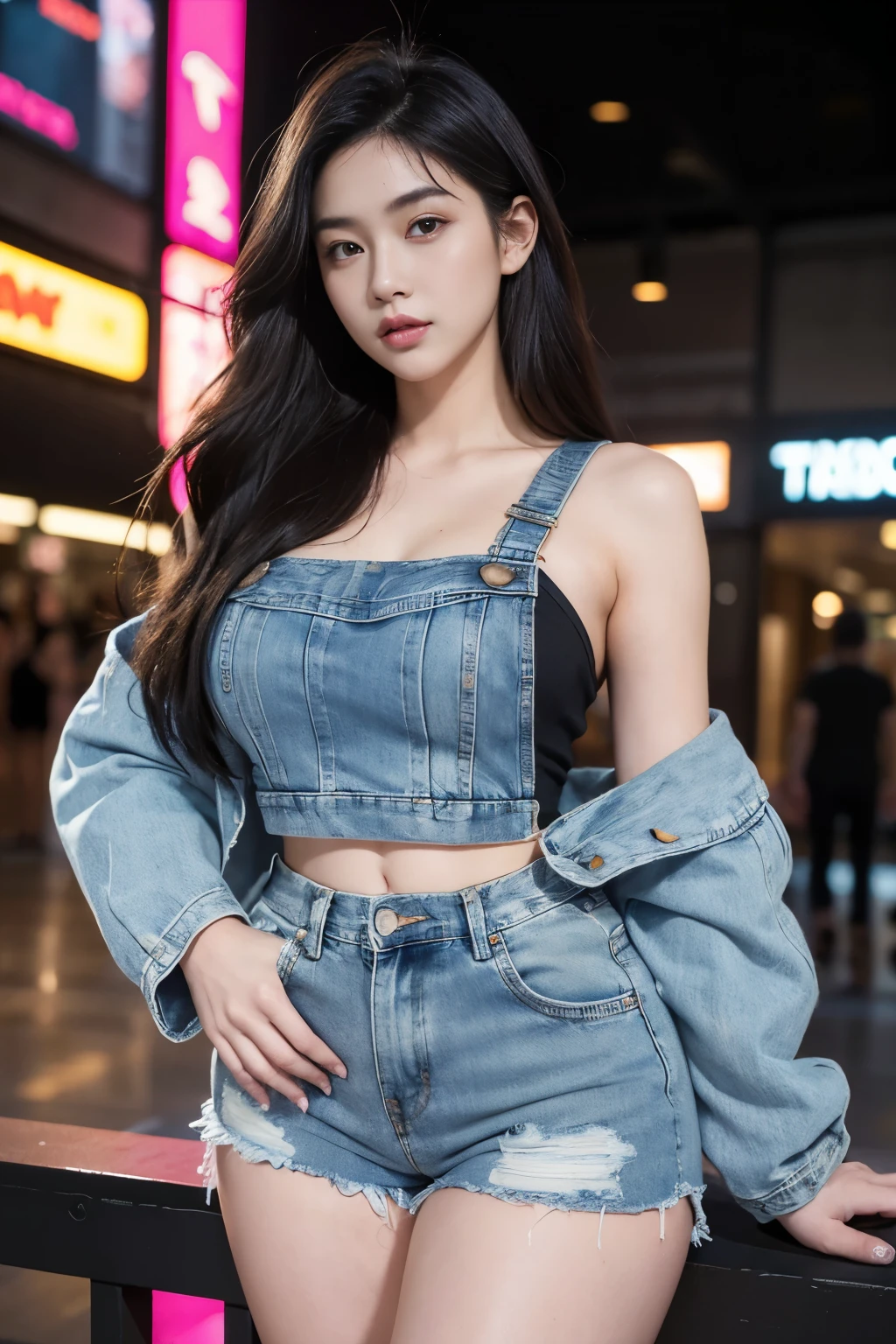a beautiful woman with a plump body, denim jacket, wearing a black crop singlet, with big thighs, denim shorts, at a night scene in a mall, highly detailed, 8k, photorealistic, realistic lighting, perfect skin, beautiful face, volumetric hair, elegant pose, intricate fabric details, shopping mall interior, neon lights, reflective surfaces, atmospheric lighting