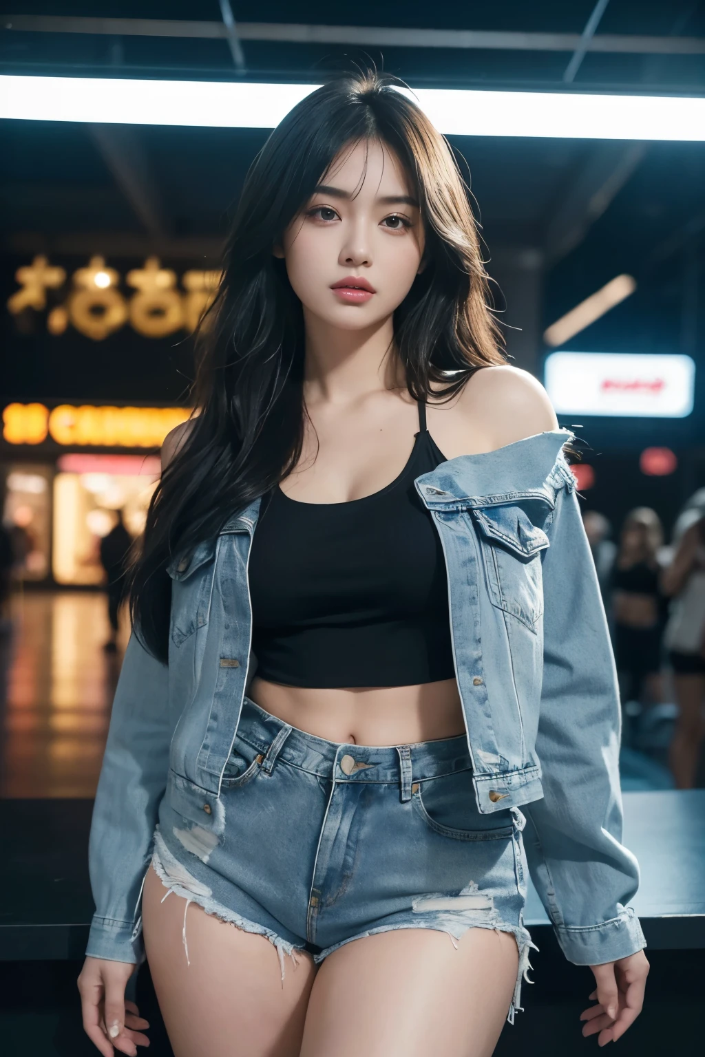 a beautiful woman with a plump body, denim jacket, wearing a black crop singlet, with big thighs, denim shorts, at a night scene in a mall, highly detailed, 8k, photorealistic, realistic lighting, perfect skin, beautiful face, volumetric hair, elegant pose, intricate fabric details, shopping mall interior, neon lights, reflective surfaces, atmospheric lighting