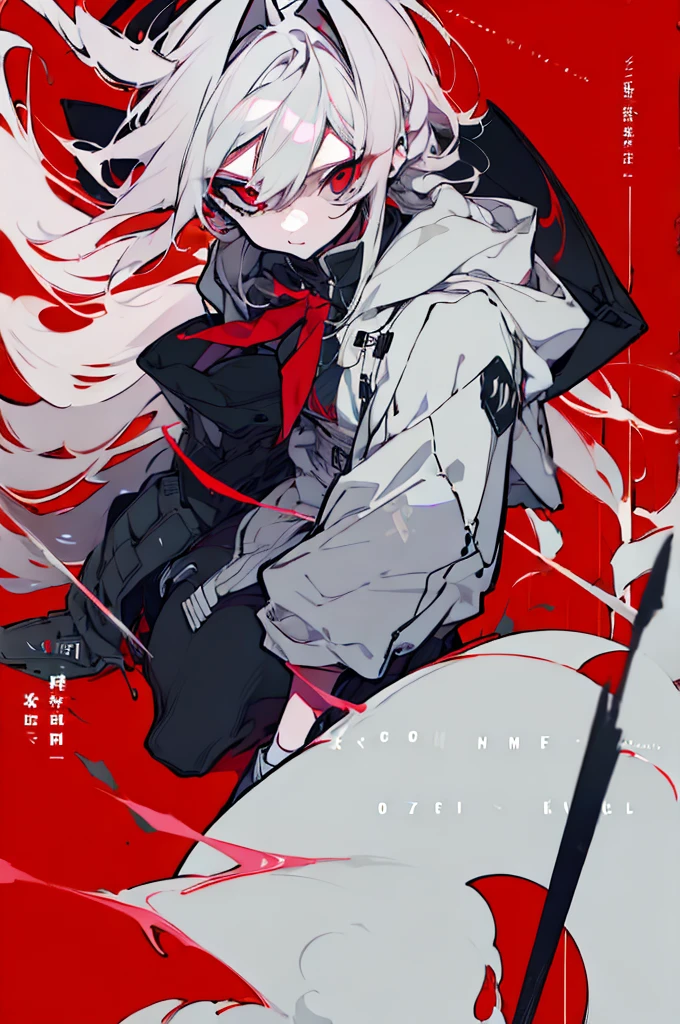 Female anime character with white hair and red eyes sitting on a red and white background, zerochan art, dos arknights, nagito komaeda, ufotable art style, best 4k konachan anime wallpaper, trends on artstation pixiv, Anime main art, digital art on pixiv, zerochan, por Kamagurka, feminine, Kizi, , feminine, female