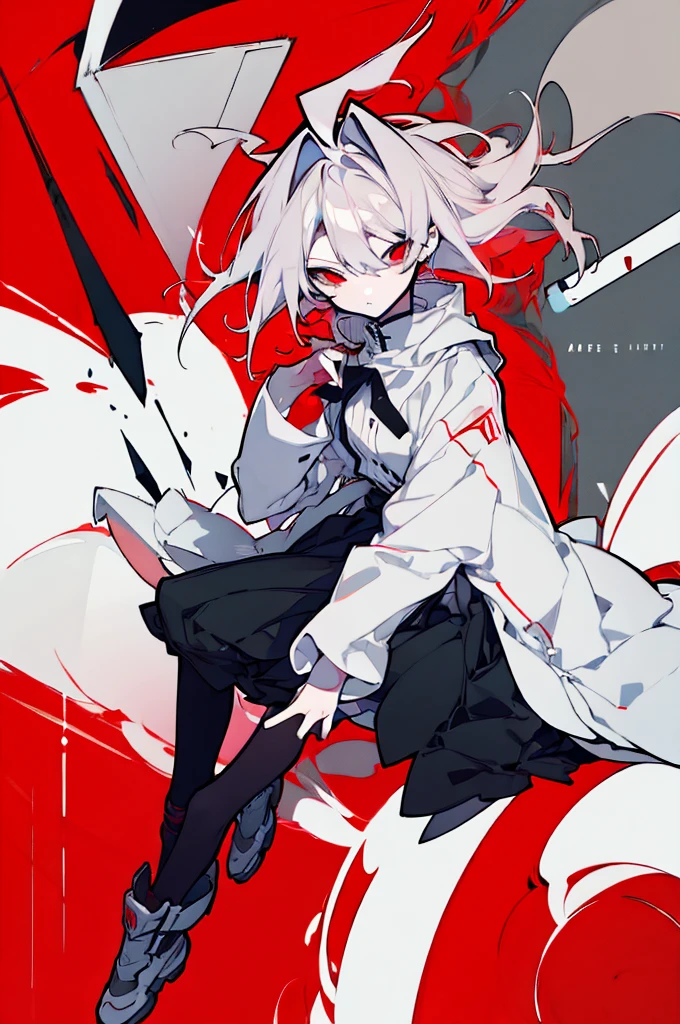 Female anime character with white hair and red eyes sitting on a red and white background, zerochan art, dos arknights, nagito komaeda, ufotable art style, best 4k konachan anime wallpaper, trends on artstation pixiv, Anime main art, digital art on pixiv, zerochan, por Kamagurka, female, female, female, naughty girl, , Kizi, female