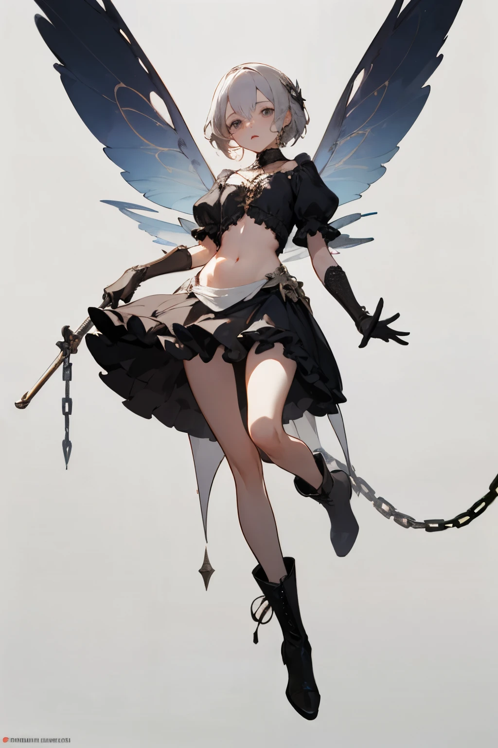  ((best quality)), ((masterpiece)), (detailed), 1girl, off-shoulder, Character design, female, dynamic poses, long white grey hair, grey white eyes, very skinny, detailed, best quality, no accesoires around the neck, no shoes, prominent collarbones, skinny arms, flat stomach, visible hip bones, full body, blank white background, plain background, white background, red and white clothing, Bloodborne inspired, occult aesthetic, occult, detailed and intricate steampunk and detailed gothic, NSFW, Very dramatic and cinematic lighting, cosmic horror, grim-dark, side-lighting, perfect face, NSFW, Fluttering lace flared long knee length dress with frilly petticoats, knee length dress, pleated petticoats, petticoats gothic, complex lace boots, side-lighting, gothic lolita aesthetic, wielding a mighty sword with mechanical components, mandalas, small breasts, a fairy, various different types of insect wings, NSFW, full body, whole body, body, plain background, white background, blank background, no background, white background NSFW, chains, full body, whole body, head-to-toe NSFW 