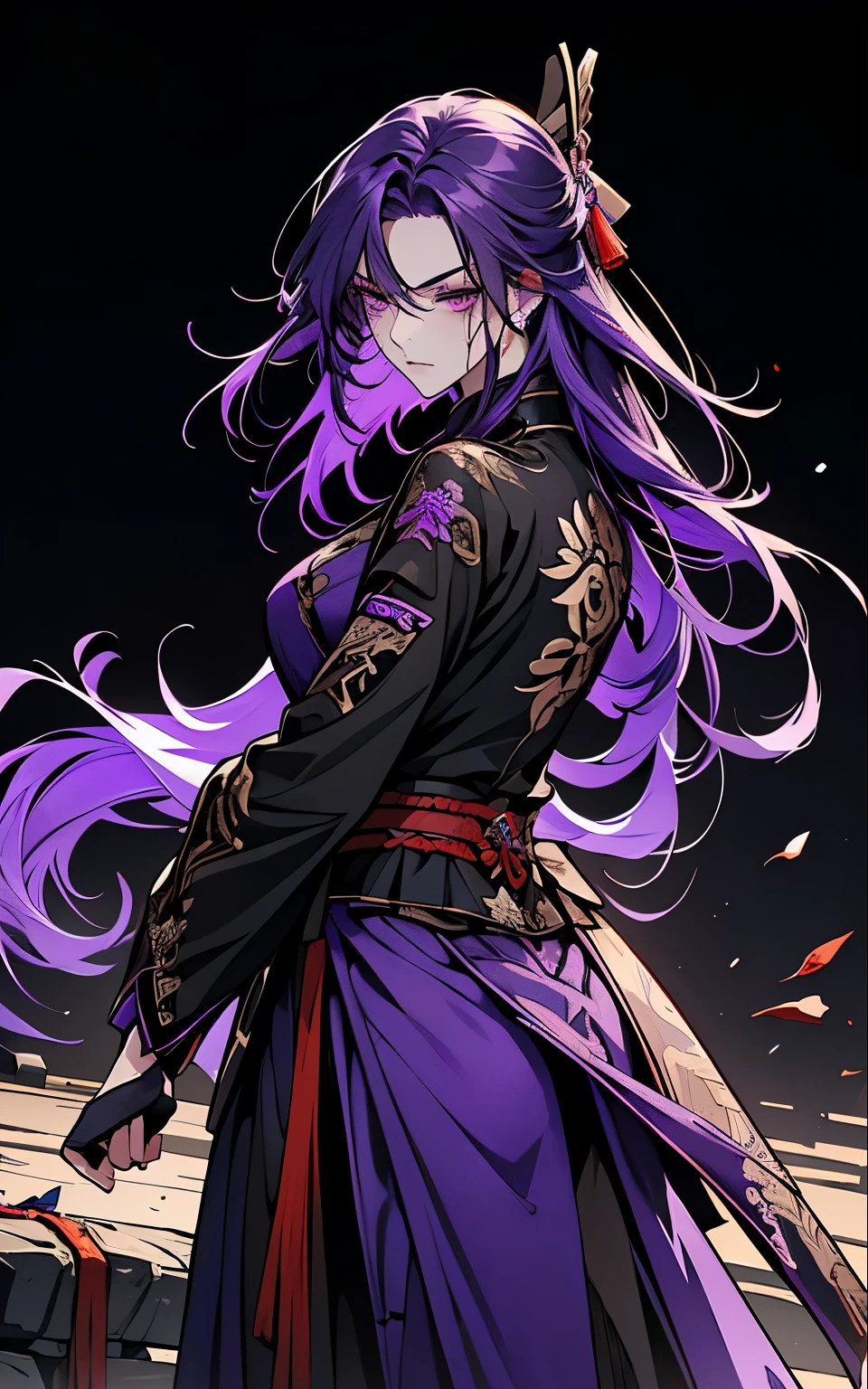 1 women, Raiden Shogun - genshin impact, long purple hair, violet eyes, violet chinese clothes, ultra long skirt, (!Fight, battle, blood, weapon, sword, blood coming out of his mouth, injury, torn clothes, horror!)