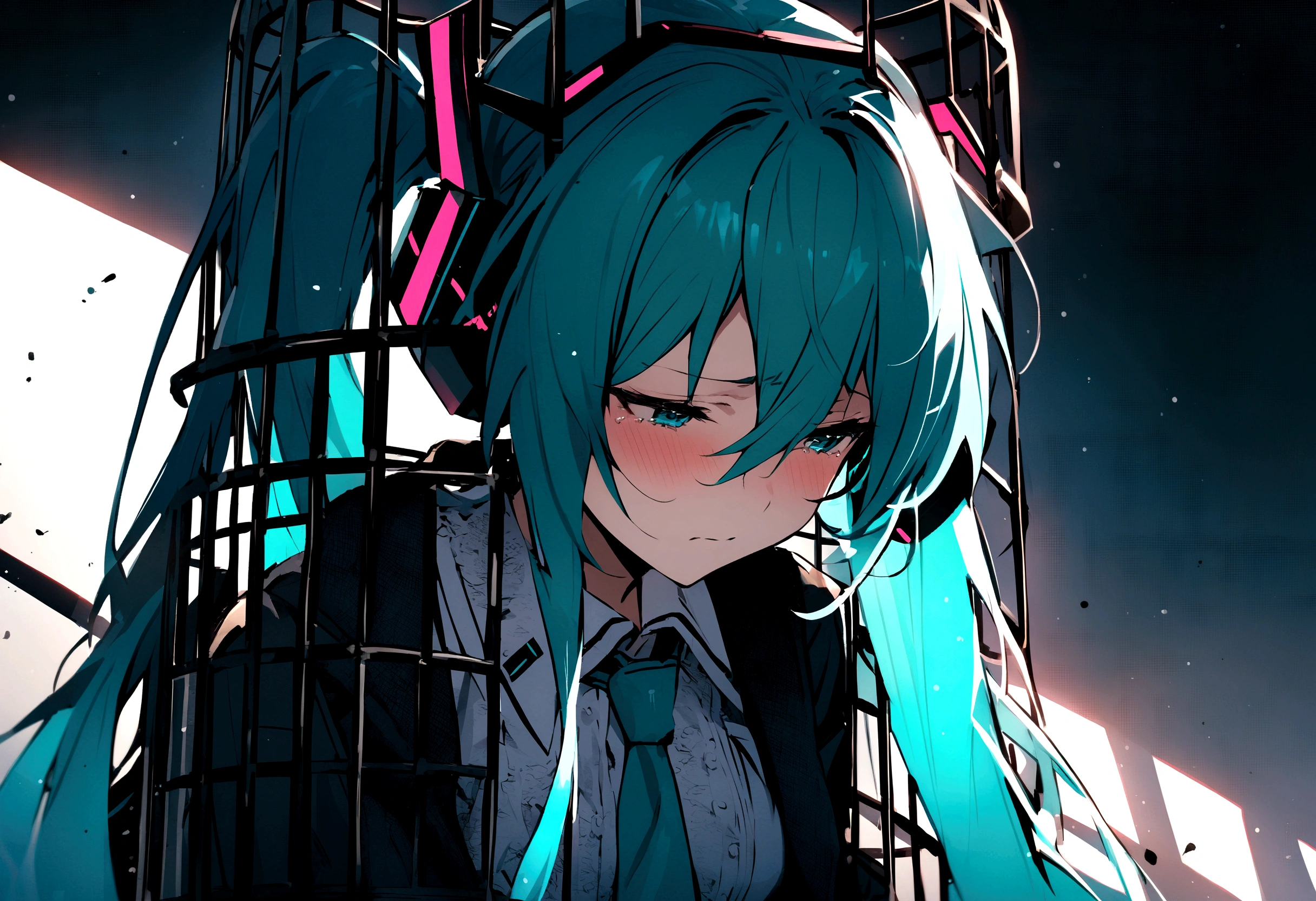 (((masterpiece, hatsune miku, vocaloid, Super detailed、Digital Cage、Sad face、Sad