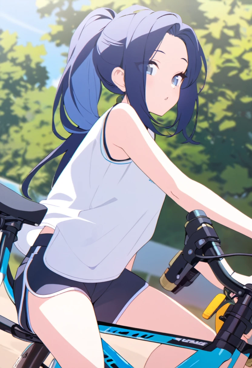 a girl sitting on top of bicycle, dolphin shorts, blue hair, ponytail,