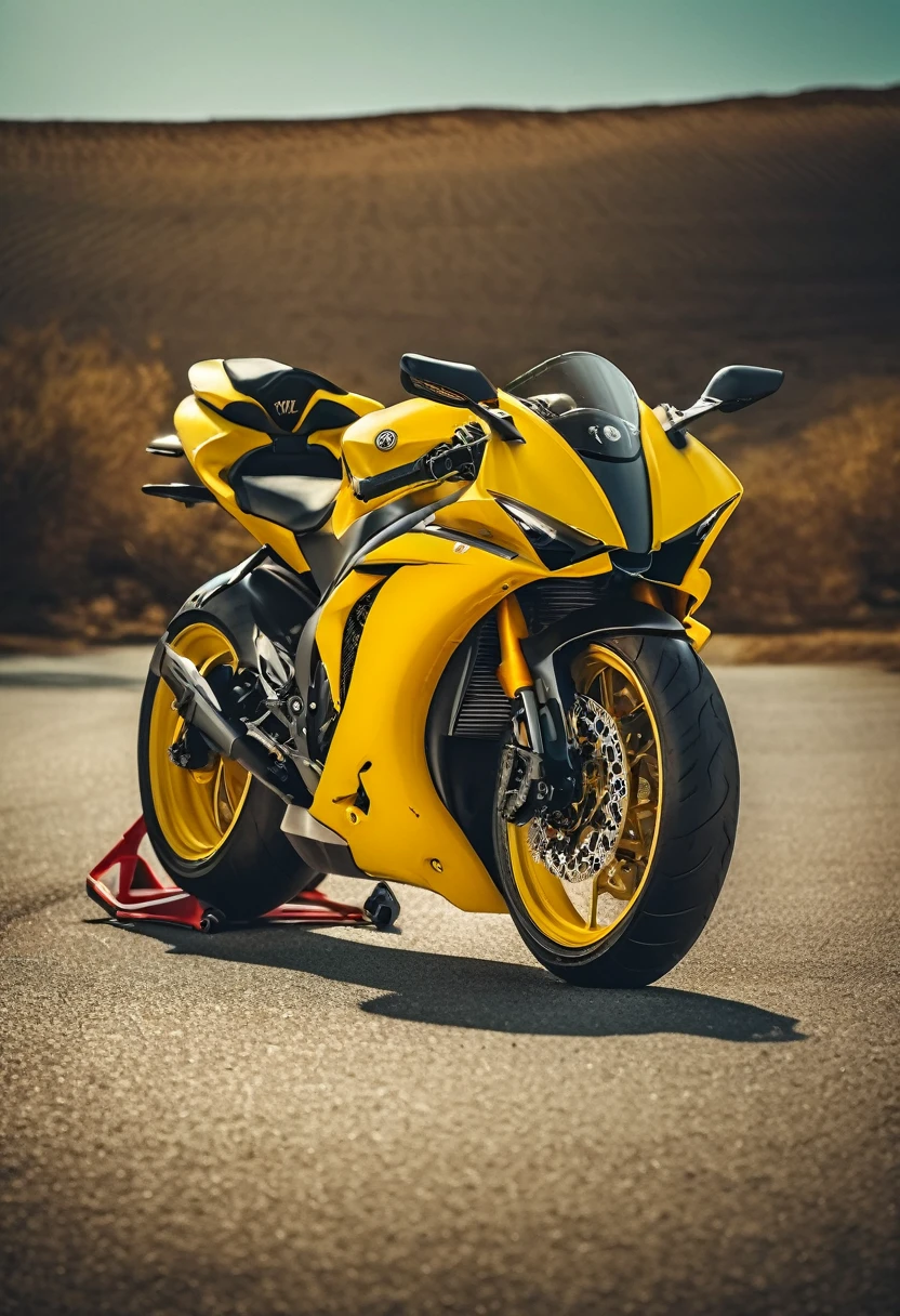 Yellow Yamaha YZF-R7, cinematic camera angle, phone wallpaper, masterpiece quality, cinematic photography