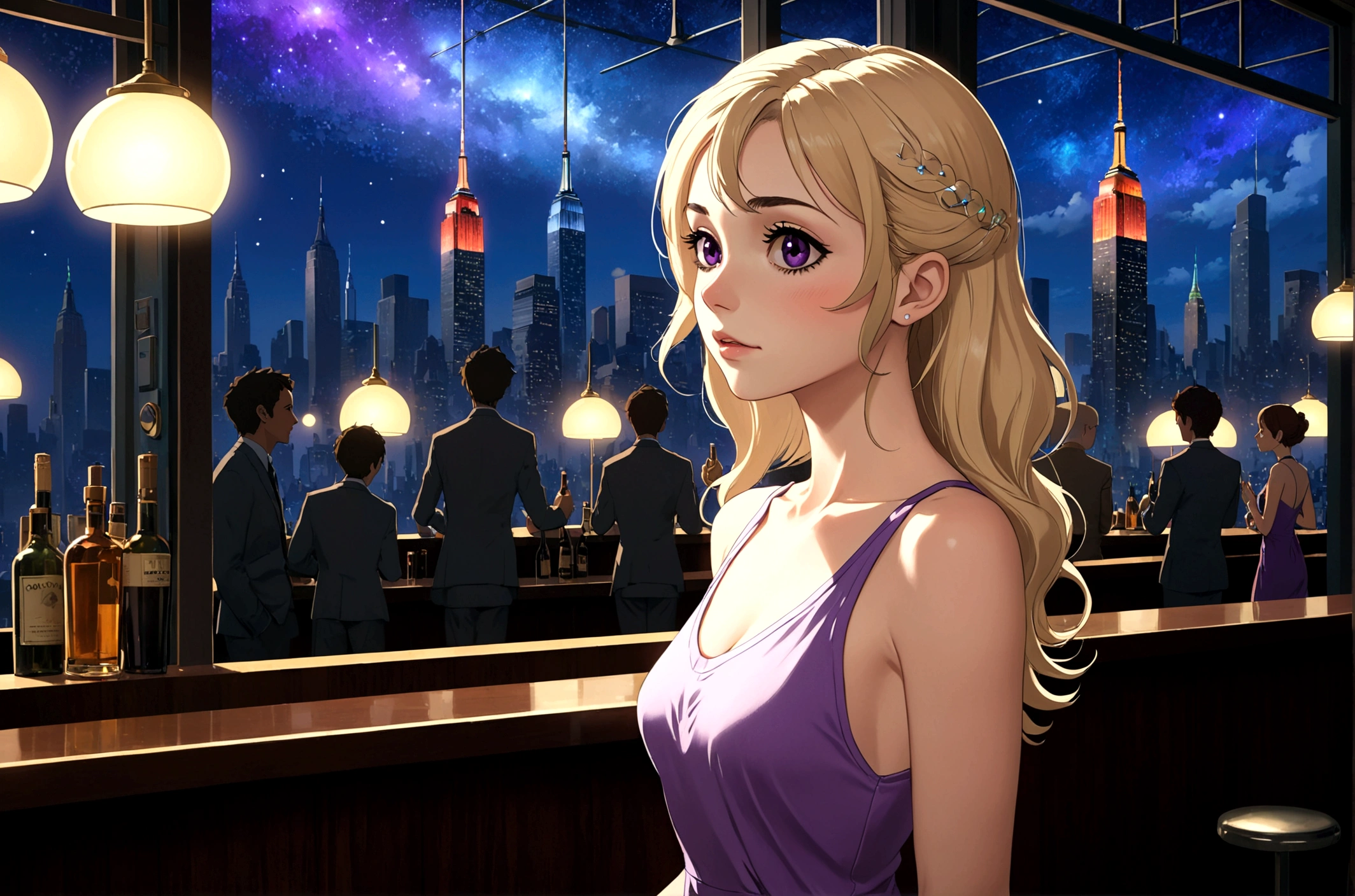 Uses Makoto Shinkai'The depiction is perfect,Portrait of Cher Lloyd,8k 4k masterpiece photo ,new york,Glass ceiling jazz bar,I can see the twinkling stars through the glass window.,that'Outside in the dark night,Jazz is playing,Profile close-up,Beautiful profile,Semi-long hair,Blonde,Look in a different direction,Standing alone at the counter,Tight fitting purple tank top dress,Large bust