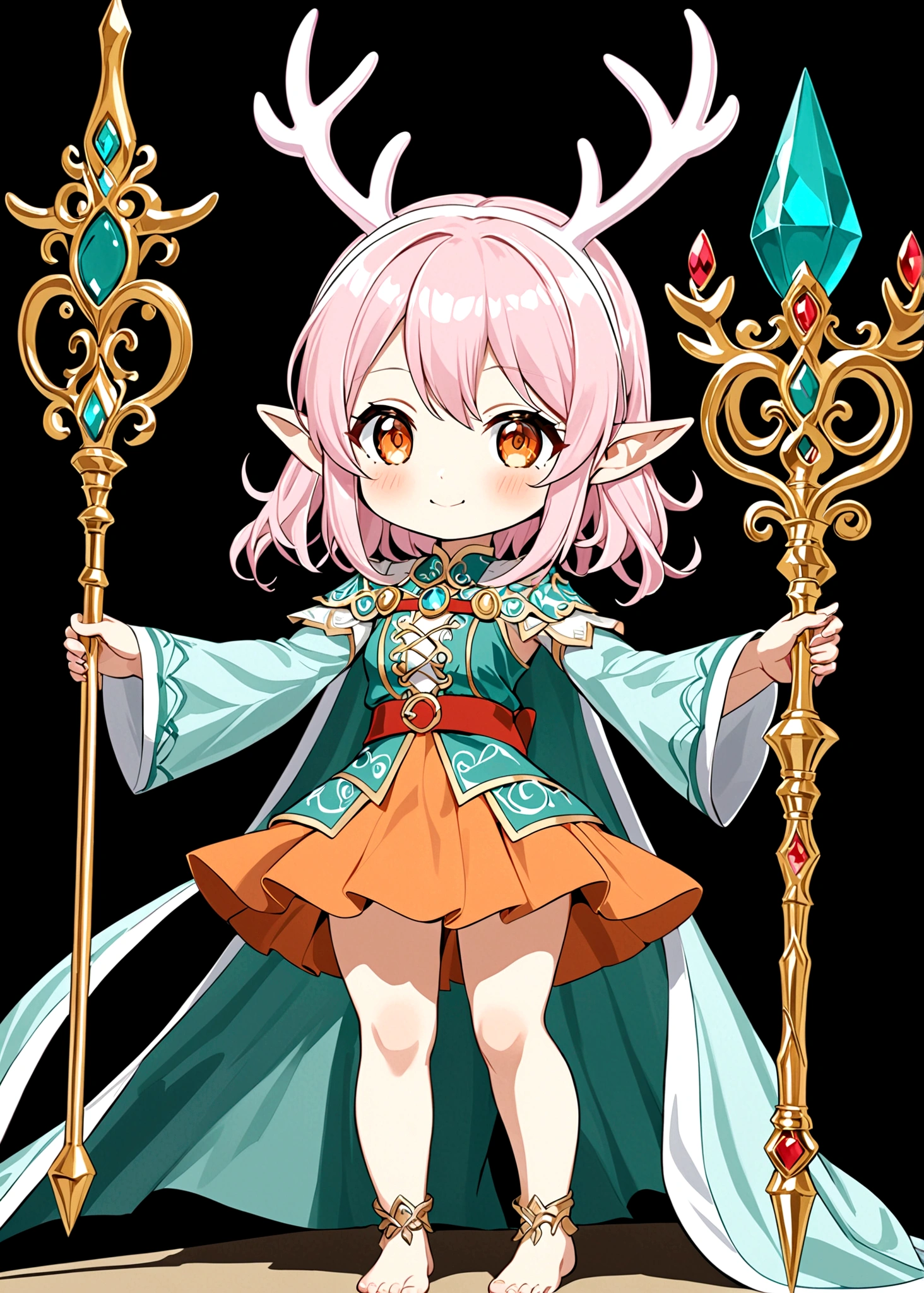 Cartoon anime style，beautiful girl，Fluffy pink hair，antlers，Elf ears，Short orange skirt，Scepter，Standing barefoot，Foot ring。(((Correct human anatomy)))，White background