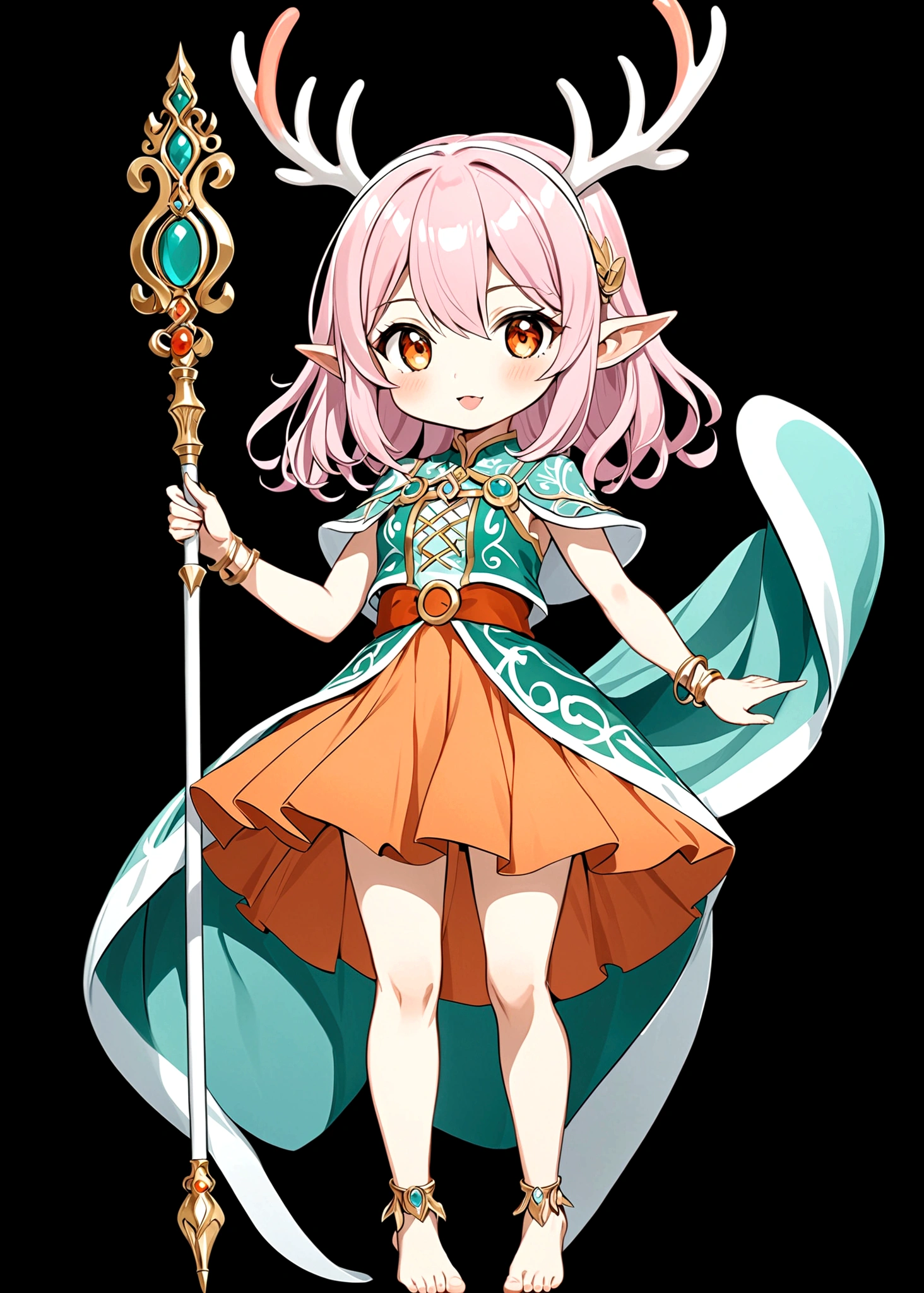 Cartoon anime style，beautiful girl，Fluffy pink hair，antlers，Elf ears，Short orange skirt，Scepter，Standing barefoot，Foot ring。(((Correct human anatomy)))，White background