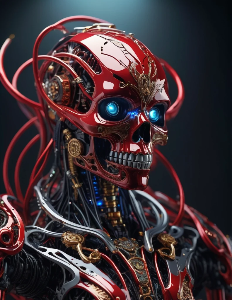 Complex 3d rendering ultra-detailed beautiful ancient monster , biomechanical robot, simulated 150mm shot, beautiful natural soft edge light, crystal , roots, delicate leaf lace, colorful details, piercings, intricate details, mesh threads, mandelbro fractals, body muscles, cable wires, microchips, badasses, surreal, ultra-detailed, octane rendering, volumetric lighting, 8k post-production, Red and white with a touch of black, metallic skeleton details, half-monster , futuristic room, power of God, 