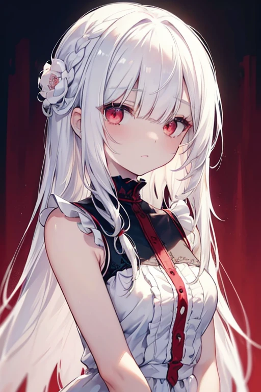 (limited palette), best quality, (((masterpiece))), (((beautiful detailed hair))), (((beautiful detailed skin))), solo, , younger, , (((white hair))), red eyes, (mascara), blunt bangs, ((hair over eyes)), long hair, medium breasts, frilled white dress, white frills, too many frills, rose, noble, loyal, brides hair head, (((eye focus))), (((expressionless))), blurry background, empty eyes, blank eyes, (red theme), bedroom background, looking at viewer, (((hair tucking))), (((night))), half-closed eyes, close-up, (((hair ornament))), upright body, Neatly cut bangs, braided hair behind head, sleeveless dress,