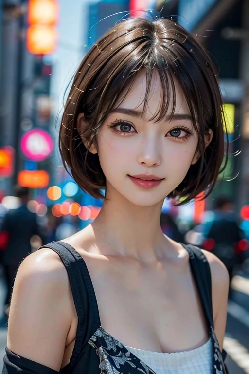 masterpiece, 1 beautiful girl, Fine grain, Swollen eyes, Highest quality, 超High resolution, (reality: 1.4), Original photo, One girl, Cinema Lighting, smile, Japanese, Asian Beauty, Korean, clean, so beautiful, Beautiful Skin, thin, Cyberpunk Background, (Ultra-realistic ), (High resolution), (8K), (Very detailed), (Best illustrations), (Beautiful and detailed eyes), (Very detailedな), (wallpaper), (Detailed face), Viewers are watching, Fine details, Detailed face, Pure Erotic Face Ace_v1, smile, 46 point diagonal bangs, Look straight ahead, Dress neatly, Dark Eyes, No sleeve, Body facing forward, short hair, Brown Hair, Messenger of God,