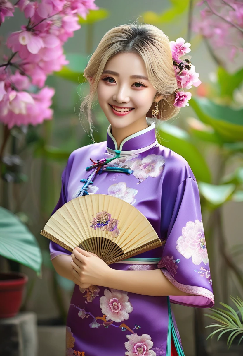 1girl, solo, purple chinese clothes, Cheongsam, blonde hair, looking at viewer, smile, blue eyes, hand fan, hand on hip, flower, plant, realistic,