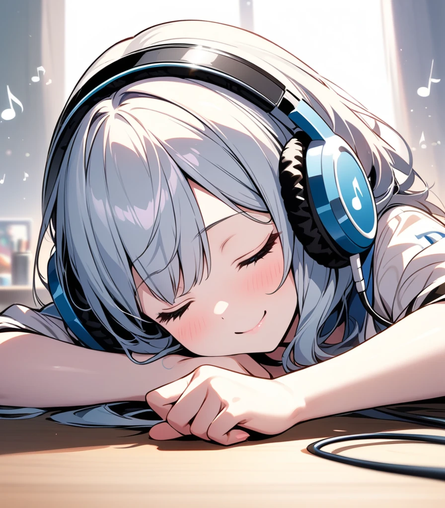 (best quality, masterpiece, ultra high-resolution, ultra-detailed: 1.2), An illustration of quarter note and eighth note symbols popping out of headphones. Picture the musical-note-symbols spilling out of your headphones and spreading out all around you.keep the background simple so the notes stand out, and give the overall pop and energetic feel.(musical-note:1.4),
BREAK.A girl sleeping face down on a desk,Close-up ,smiling,(closed eyes),big headphones,
white background,shiny skin,pale skin,
