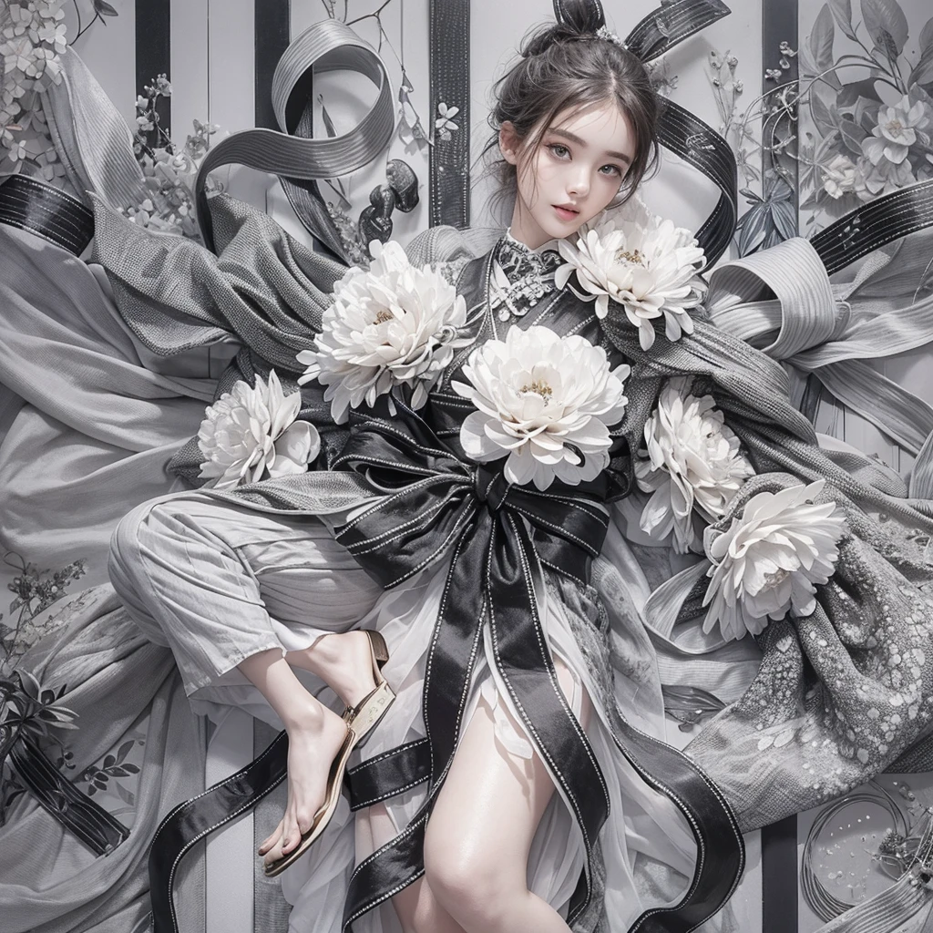 (8k,masterpiece,best Quality), (fog and mist Blurred background, Perfect and beautiful concrete background:1.4), (Inorganic and nostalgic white lighting:1.4), 
//Character
BREAK
1girl, cute ig model, cute model, 22 years old, Tightened all body, (small head, small face:1.2), small mouth, small nose, Sharp Faceline, dropy eyes, Double eyelid, Light color eyes, Glossy eyes, Shiny eyes, Shiny skin, shiny hair, Teeth, Glossy Lips, beautiful Teeth, perfect beautiful fingers and legs,
BREAK  Intricately Layered Monochrome Kimono Ensemble with Elaborate Ribbon Details,
Craft a sophisticated ensemble with a complex structure, featuring intricate layers of kimono fabric and elaborate ribbon details,
Layer the kimono with multiple underskirts, each adorned with cascading ribbons in varying widths and textures, creating depth and visual interest,
BREAK
Integrate ribbon accents into the kimono’s design, weaving them through the fabric to create geometric patterns or floral motifs that enhance the overall aesthetic,
Embellish the sleeves, collar, and hemline with oversized bows and ribbon rosettes, adding a touch of whimsy and femininity to the ensemble,
BREAK
Accessorize with a wide obi belt cinched at the waist, featuring ribbon-covered buckles or intricate knotwork for added embellishment,
Complete the ensemble with traditional wooden geta sandals or modern platform heels in coordinating black or white tones,
BREAK