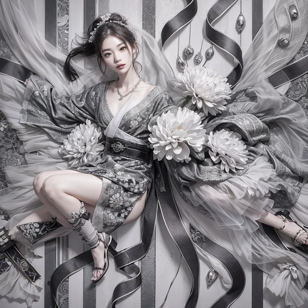 (8k,masterpiece,best Quality), (fog and mist Blurred background, Perfect and beautiful concrete background:1.4), (Inorganic and nostalgic white lighting:1.4), 
//Character
BREAK
1girl, cute ig model, cute model, 22 years old, Tightened all body, (small head, small face:1.2), small mouth, small nose, Sharp Faceline, dropy eyes, Double eyelid, Light color eyes, Glossy eyes, Shiny eyes, Shiny skin, shiny hair, Teeth, Glossy Lips, beautiful Teeth, perfect beautiful fingers and legs,
BREAK  Intricately Layered Monochrome Kimono Ensemble with Elaborate Ribbon Details,
Craft a sophisticated ensemble with a complex structure, featuring intricate layers of kimono fabric and elaborate ribbon details,
Layer the kimono with multiple underskirts, each adorned with cascading ribbons in varying widths and textures, creating depth and visual interest,
BREAK
Integrate ribbon accents into the kimono’s design, weaving them through the fabric to create geometric patterns or floral motifs that enhance the overall aesthetic,
Embellish the sleeves, collar, and hemline with oversized bows and ribbon rosettes, adding a touch of whimsy and femininity to the ensemble,
BREAK
Accessorize with a wide obi belt cinched at the waist, featuring ribbon-covered buckles or intricate knotwork for added embellishment,
Complete the ensemble with traditional wooden geta sandals or modern platform heels in coordinating black or white tones,
BREAK