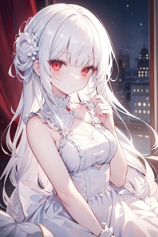 (limited palette), best quality, (((masterpiece))), (((beautiful detailed hair))), (((beautiful detailed skin))), solo, , younger, **li, (((white hair))), red eyes, (mascara), blunt bangs, ((hair over eyes)), long hair, medium breasts, frilled white dress, white frills, too many frills, rose, noble, loyal, brides hair head, (((eye focus))), (((expressionless))), blurry background, empty eyes, blank eyes, (red theme), bedroom background, looking at viewer, (((hair tucking))), (((night))), half-closed eyes, close-up, (((hair ornament))), upright body, Neatly cut bangs, braided hair behind head, sleeveless dress,