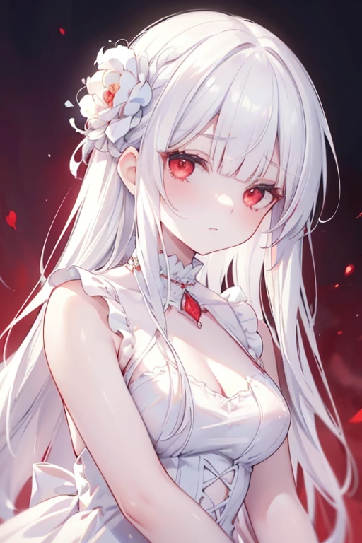 (limited palette), best quality, (((masterpiece))), (((beautiful detailed hair))), (((beautiful detailed skin))), solo, , younger, loli, (((white hair))), red eyes, (mascara), blunt bangs, ((hair over eyes)), long hair, medium breasts, frilled white dress, white frills, too many frills, rose, noble, loyal, brides hair head, (((eye focus))), (((expressionless))), blurry background, empty eyes, blank eyes, (red theme), bedroom background, looking at viewer, (((hair tucking))), (((night))), half-closed eyes, close-up, (((hair ornament))), upright body, Neatly cut bangs, braided hair behind head, sleeveless dress,
