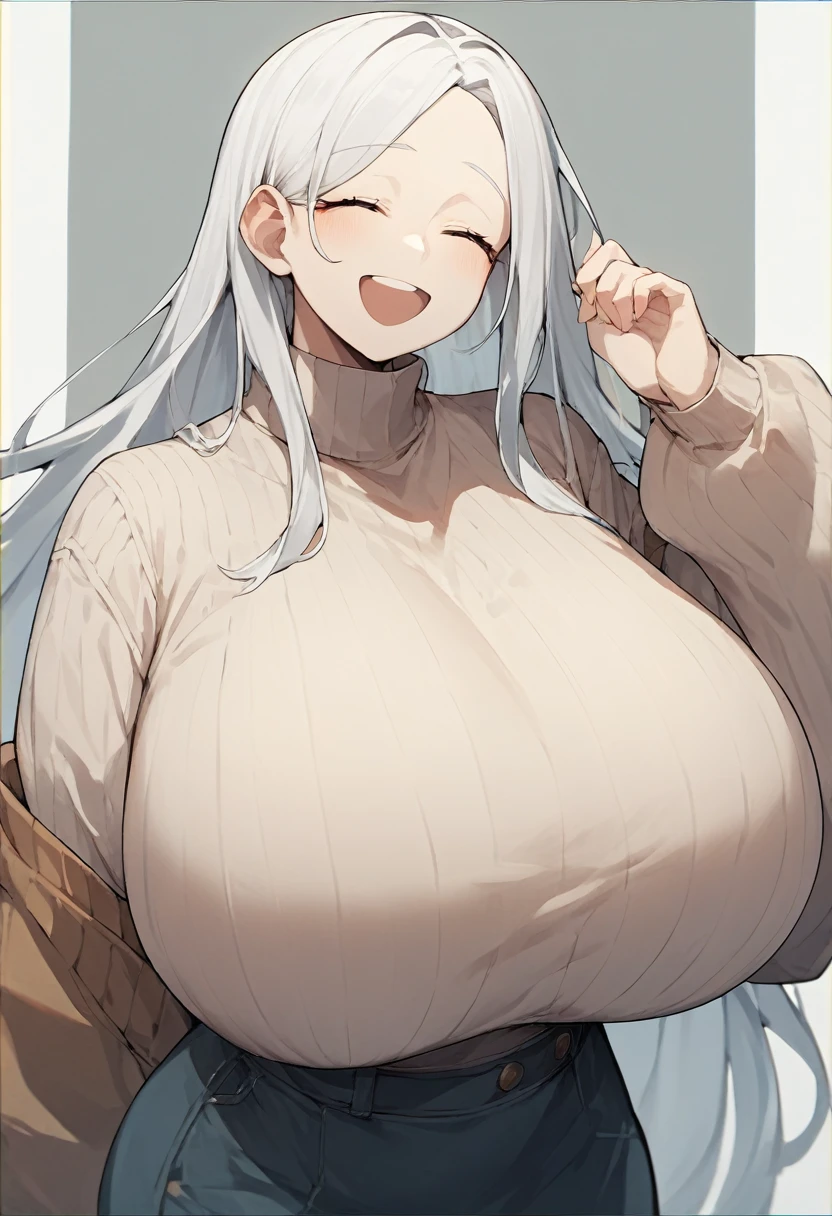 score_9, score_8_up, score_7_up, score_6_up, score_5_up, score_4_up, (source_anime), 1girl, white hair, long hair, smile, closed eyes, open mouth, turtleneck sweater, ribbed sweater, huge breasts