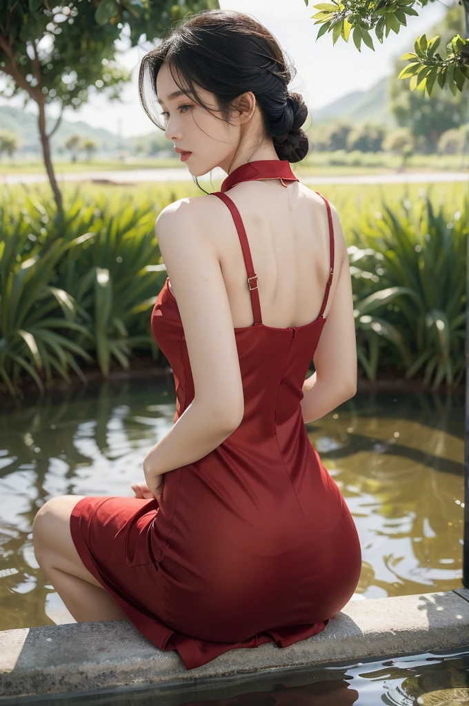 (((best quality))),(((ultra detailed))),(((masterpiece))),illustration,1 beautiful girl,slim,straw hat,shiny skin,black skin,sweat,wet,bare back,short Embroidered red cheongsam,collar,bare arms,pantyhose,sitting in the Paddy pool filled with Rice seedlings,upper body,elegant, clear sky, sunlight, dreamy, contrast, natural,Chinese rural landscape,The body below the neck is in water,from back,towering hips,butt crack