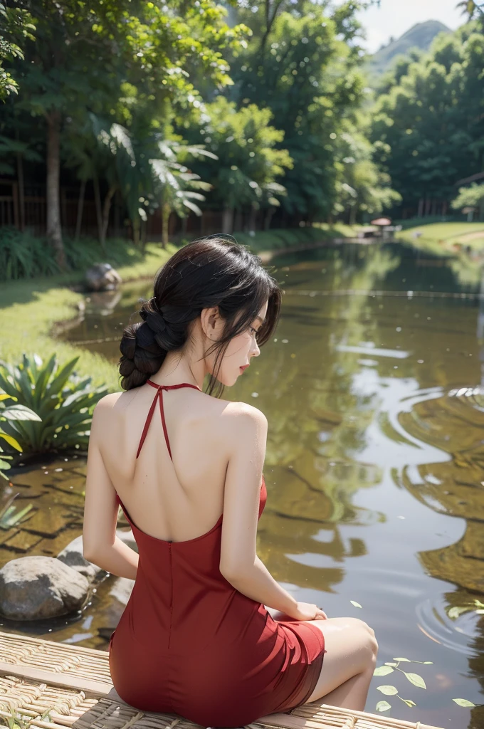 (((best quality))),(((ultra detailed))),(((masterpiece))),illustration,1 beautiful girl,slim,straw hat,shiny skin,black skin,sweat,wet,bare back,short Embroidered red cheongsam,collar,bare arms,pantyhose,sitting in the Paddy pool filled with Rice seedlings,upper body,elegant, clear sky, sunlight, dreamy, contrast, natural,Chinese rural landscape,The body below the neck is in water,from back,towering hips,butt crack