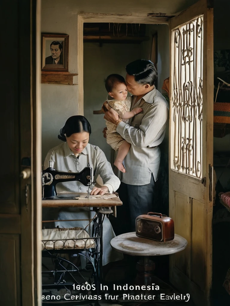 1960s, A vintage photo of a woman sewing with vintage sewing machine, a father wearing sleeveless shirt carrying his little son watching the mother, inside a humble house made of woven bamboo peels.