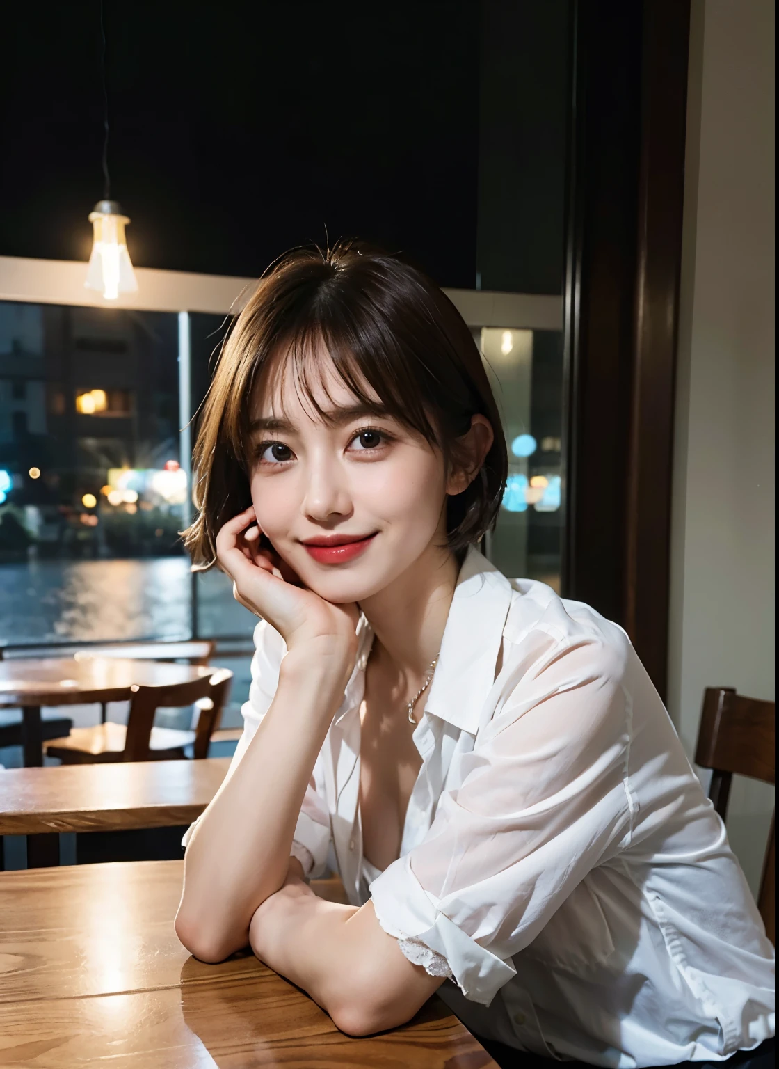 (8K, best quality, masterpiece:1.2), (Practical, photo-Practical:1.37), Extremely detailed, 1 girl,Lovely, Solitary,Beautiful and detailed sky,Detail of cafe,night,sit,Dating,(Red and swollen nose),(Smile:1.15),(Shut up) Small Breasts,Beautiful and delicate eyes,(Collared shirt:1.1), night, wet,business attire, rain,White lace, (short hair:1.2),NovaFrogStyle,