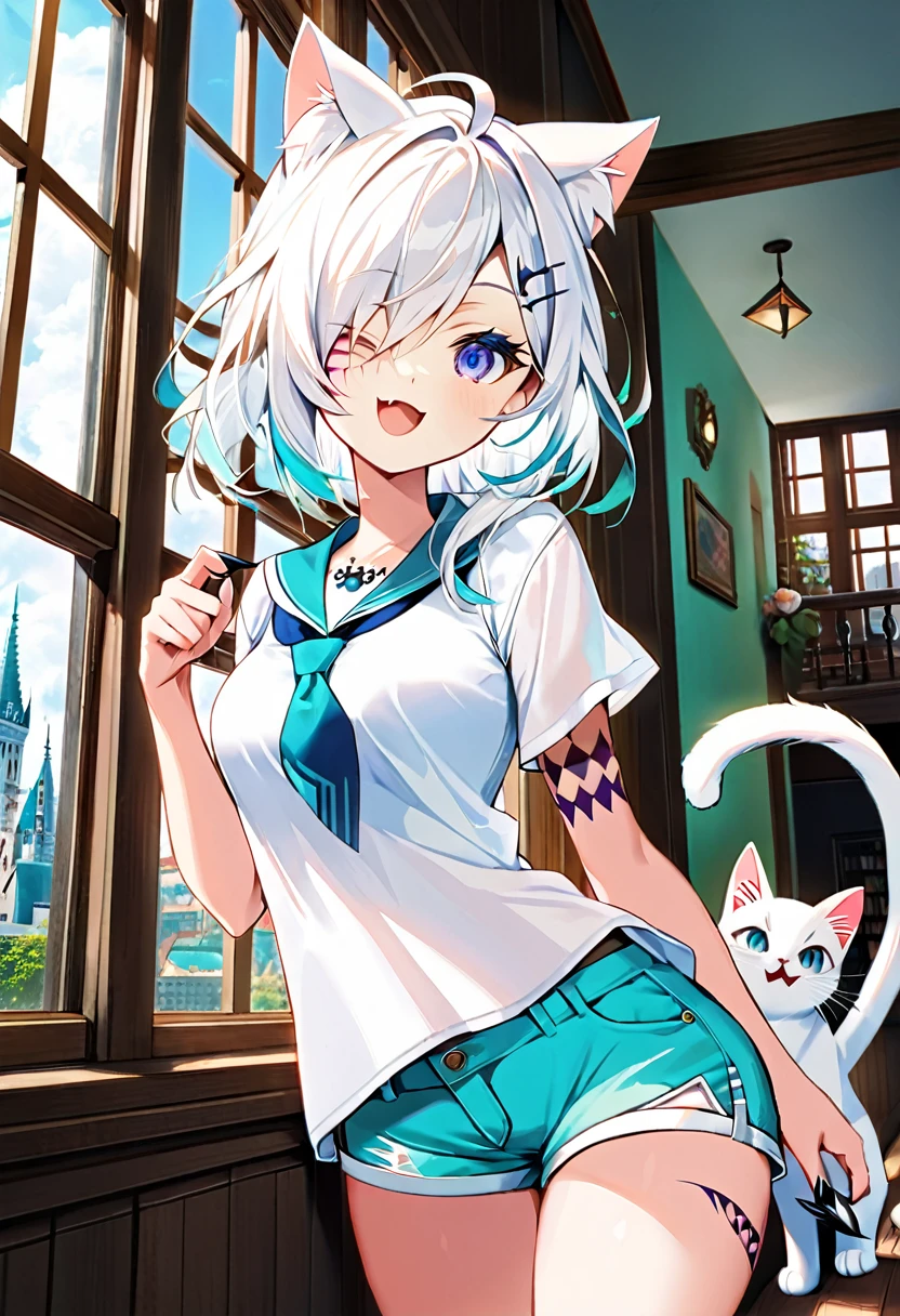 Young girl, long white hair, cat ears, cat tail, multi-colored eyes, heterohromia, left eye purple, right eye turquoise, white top, shorts, lot of tattoo, scars, open belly, wide neckline, boob window, smirk, claws, sexy pose, Masterpiece, best quality, Full HD, 4k, ultra details