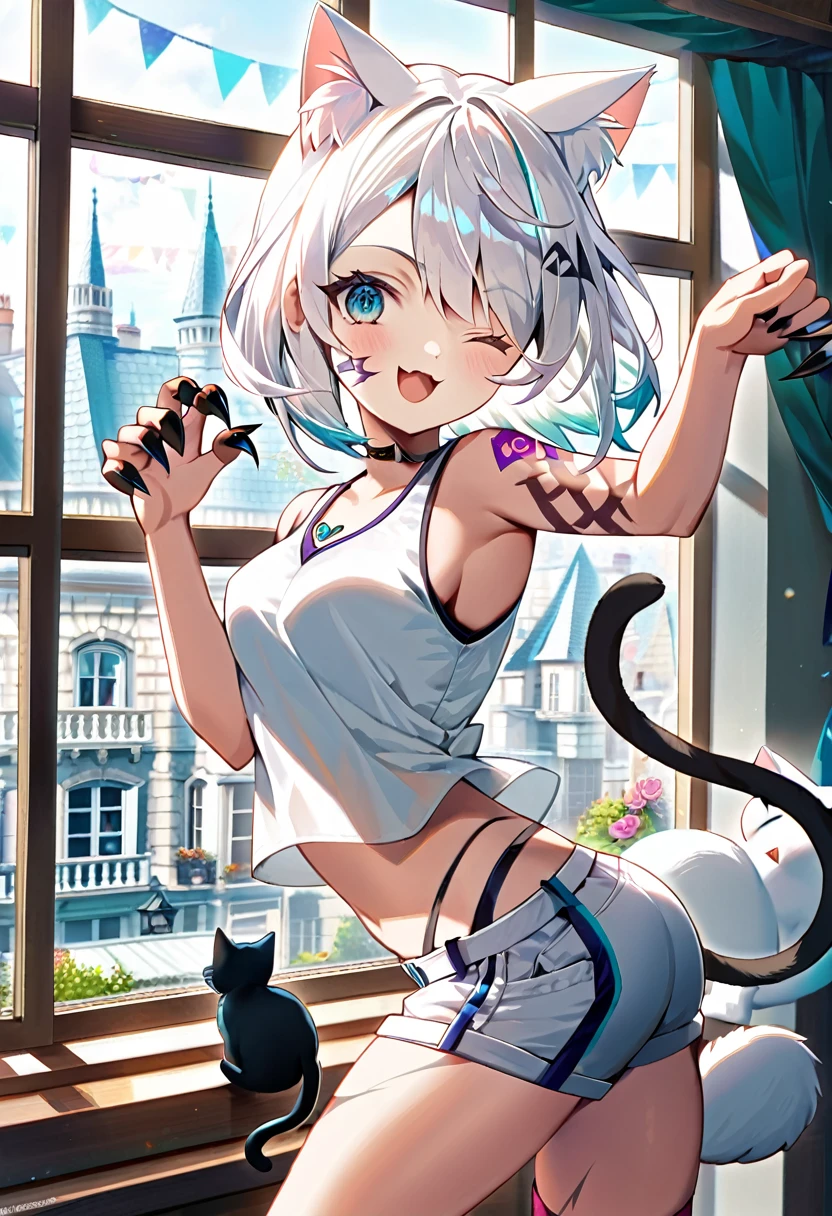 Young girl, long white hair, cat ears, cat tail, multi-colored eyes, heterohromia, left eye purple, right eye turquoise, white top, shorts, lot of tattoo, scars, open belly, wide neckline, boob window, smirk, claws, sexy pose, Masterpiece, best quality, Full HD, 4k, ultra details