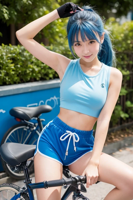 a girl sitting on top of bicycle, dolphin shorts, blue hair, ponytail,