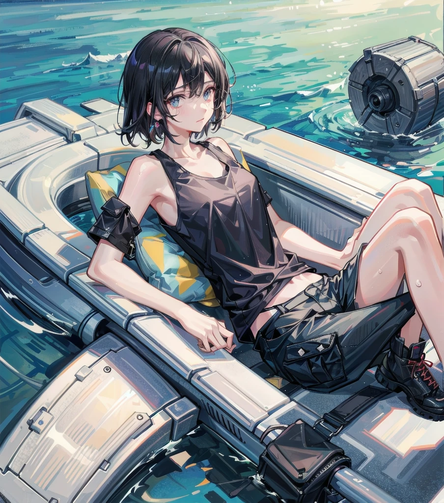 whole body, solo, alone, delicate facial features, medium tits, medium hair, black hair, tearful mole, earring, tank top shirt, cargo pants, shorts, wet,