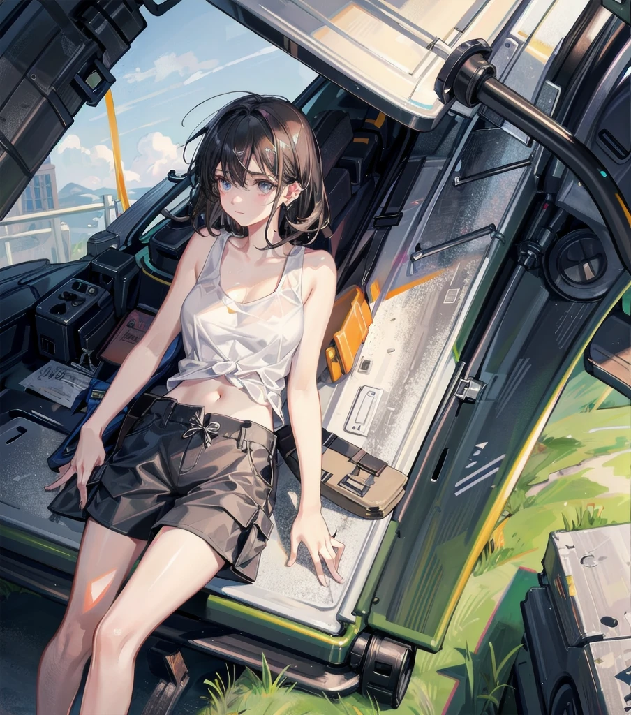whole body, solo, alone, delicate facial features, medium tits, medium hair, black hair, tearful mole, earring, tank top shirt, cargo pants, shorts, wet,