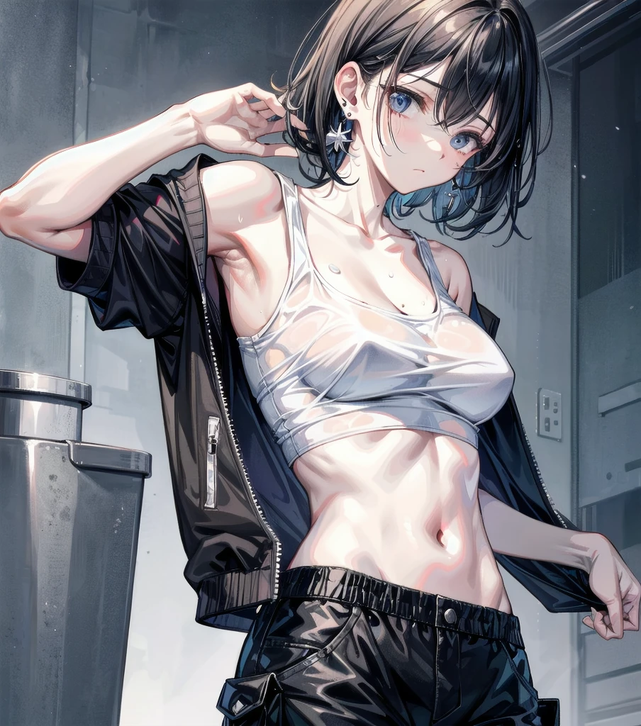 whole body, solo, alone, delicate facial features, medium tits, medium hair, black hair, tearful mole, earring, tank top shirt, cargo pants, shorts, wet,