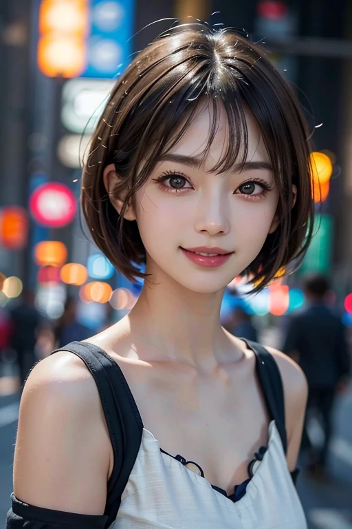 masterpiece, 1 beautiful girl, Fine grain, Swollen eyes, Highest quality, 超High resolution, (reality: 1.4), Original photo, One girl, Cinema Lighting, smile, Japanese, Asian Beauty, Korean, clean, so beautiful, Beautiful Skin, thin, Cyberpunk Background, (超Real ), (High resolution), (8K), (Very detailed), (Best illustrations), (Beautiful and detailed eyes), (Very detailedな), (wallpaper), (Detailed face), Viewers are watching, Fine details, Detailed face, Pure Erotic Face Ace_v1, smile, 46 point diagonal bangs, Look straight ahead, Dress neatly, Dark Eyes, No sleeve, Body facing forward, short hair, Brown Hair, Messenger of God,Real,