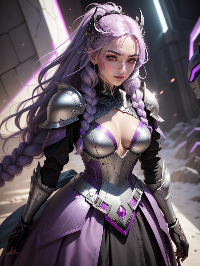 a close up of a woman,long choppy light purple hair, braided over the left shoulder, purple lipstick, beauty spot on the left cheek, photogenic details on armor, sliver ice color reflected armor, fuchsia skin,focus on face, exquisite helmet detail, black fire color reflected armor, but the armor does not cover her face