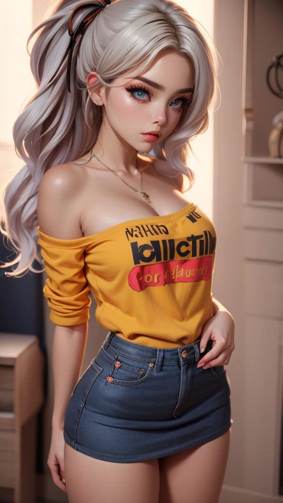 The character costume is KPOP, Hallyu, K-pop anime art style, Hallyu frontline style, Hallyu art style, kpop style, official artwork, Chibi art, Pisif, Blackpink style, cute. KPOP artwork in various poses, The popularity of Pisif art station, lingerie, 16 year old chibi, No watermark, Yellow miniskirt close to the body, open orange jacket, very short light blue top Strapless, necklin, cyberpunk style clothing,