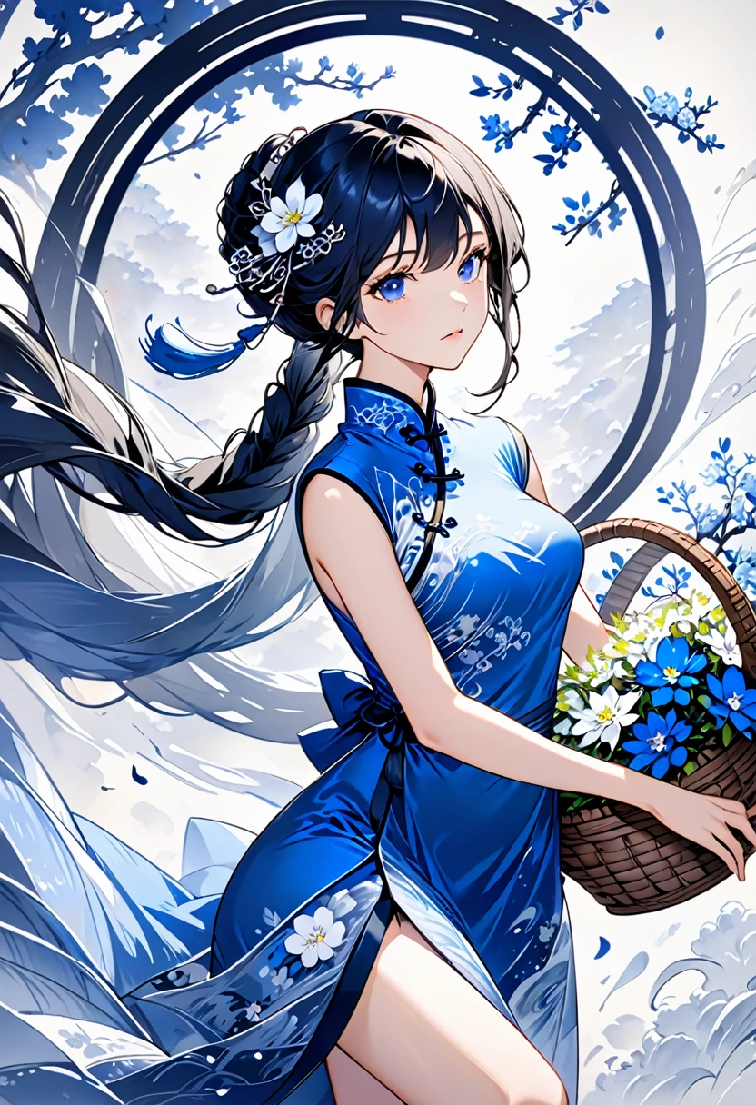 Wearing indigo cheongsam(Long silk cheongsam in color and silver embroidered flowers )Oriental beautiful girl with perfect anatomy beautiful elegant art masterpiece background is(minimalist abstract plane)Abstract blur dynamic monochrome light basket oriental ink painting style clean clear colors super detailed animation art perfect composition intricate details meticulous digital art