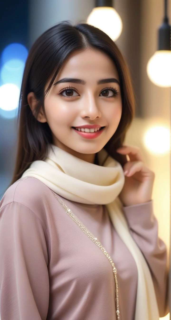 A girl, smile at camera, blushing chick, wearing hijab, and semi casual clothes cover her body with blurry bokeh lamp background, ultra realistic, ultra hd, better quality, 4k image, ((v finger and selfie pose)), cover hair with hijab, selfie pose, 