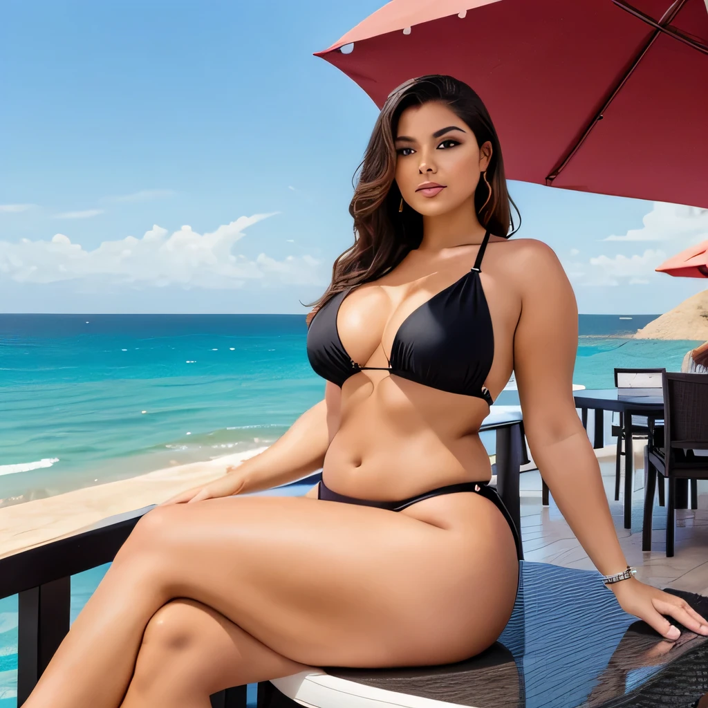 A beautiful curvy maxican woman wearing a black pink swimming suit, is sitting on a patio overlooking the ocean