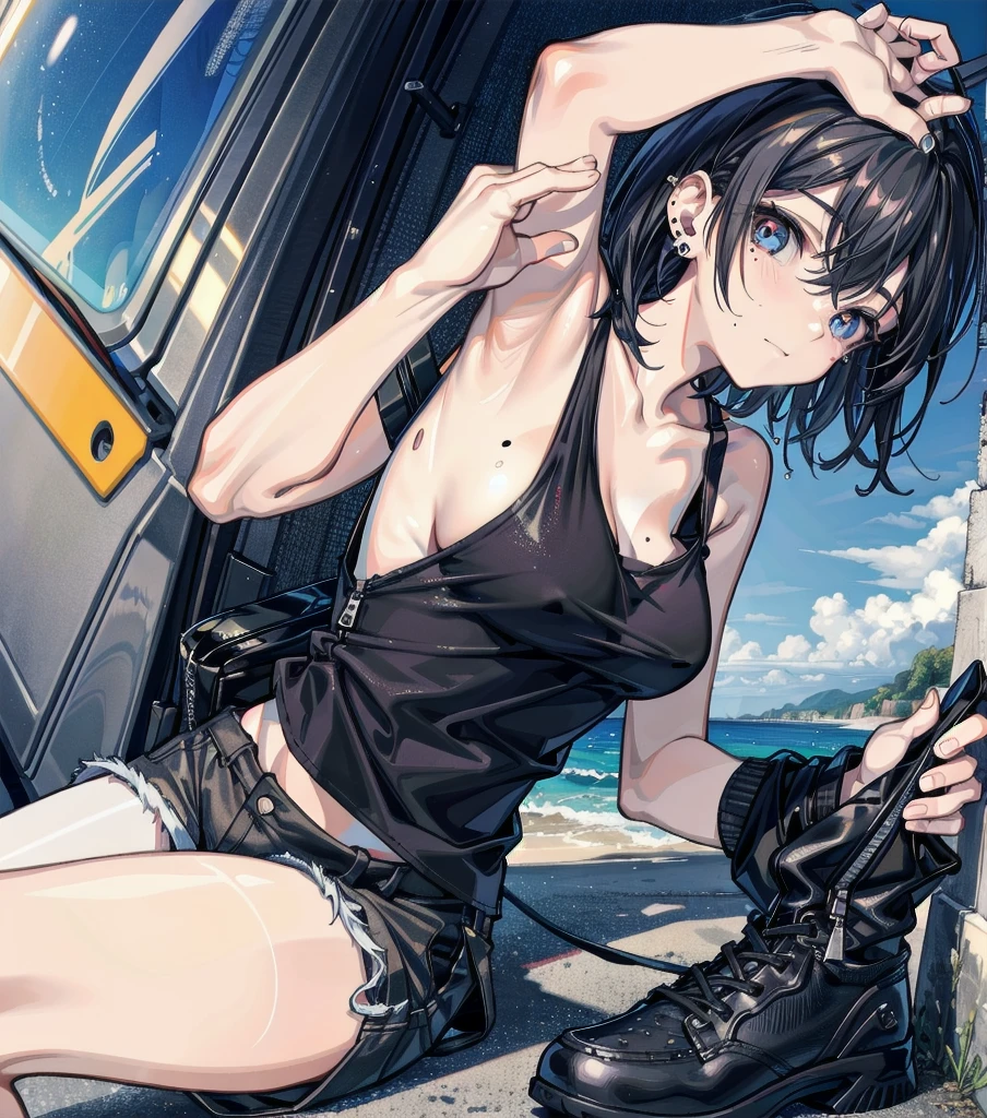 whole body, solo, alone, delicate facial features, medium tits, medium hair, black hair, tearful mole, earring, tank top shirt, cargo pants, shorts, wet,