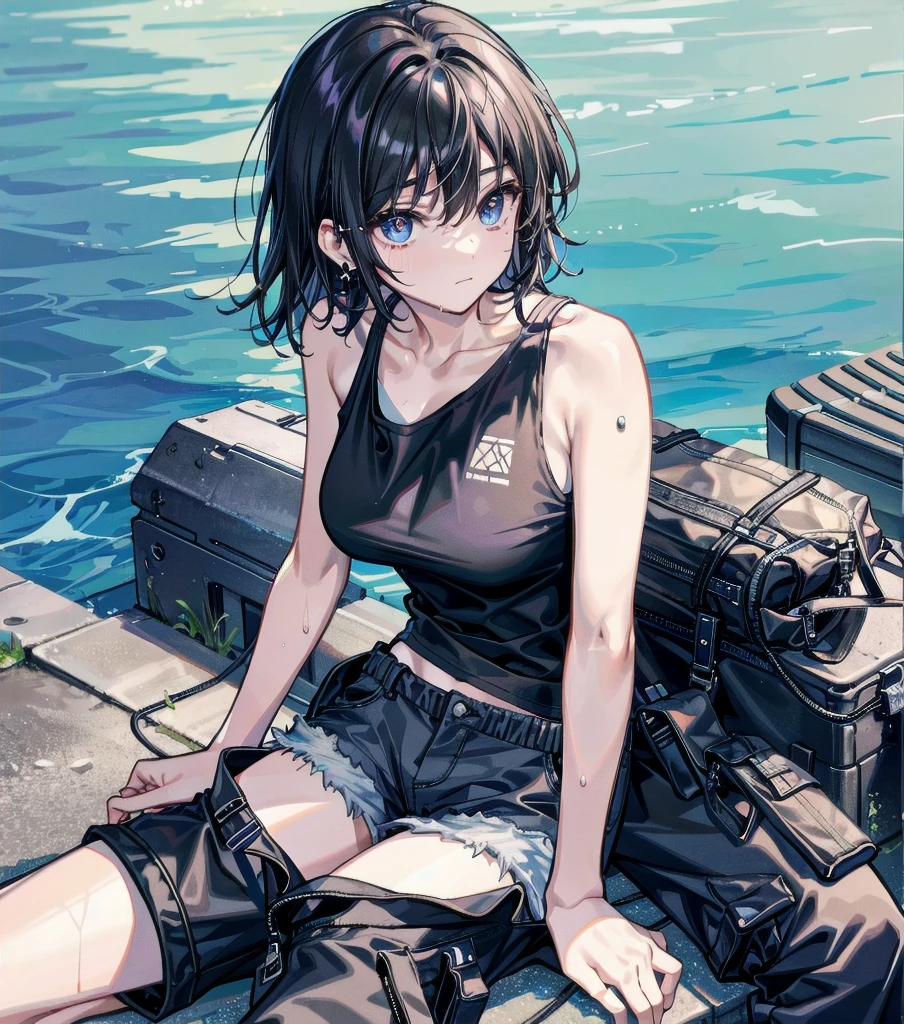 whole body, solo, alone, delicate facial features, medium tits, medium hair, black hair, tearful mole, earring, tank top shirt, cargo pants, shorts, wet,