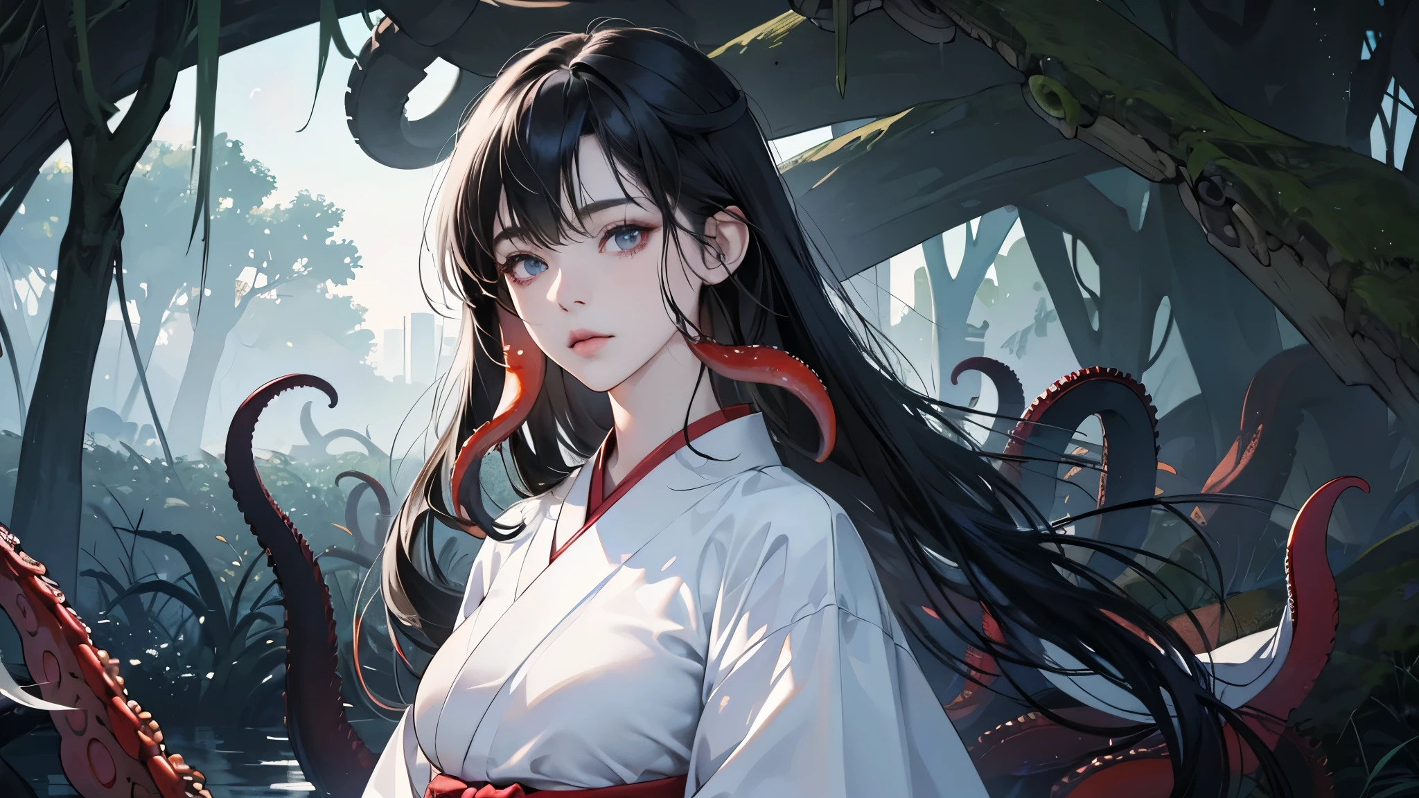 (perfect anatomy:1.2)(absurdres, highres, ultra detailed),masterpiece,best quality,high resolution,8K,Realistic face,Realistic skin texture,magnified textures, stunning clarity,(1 girl),detailed anime girl,japanese lowteen girl,ultra detailed eyes and face,(black hair),long hair,creepy swamp,mysterious eyes,midnight,(tentacles in the background:1.2),pale skin,Japanese shrine maiden, ,(white kimono),(red hakama) thin body type,big breasts,(expressionless:1.2),(from front),upper body,,Daytime,look at viewer