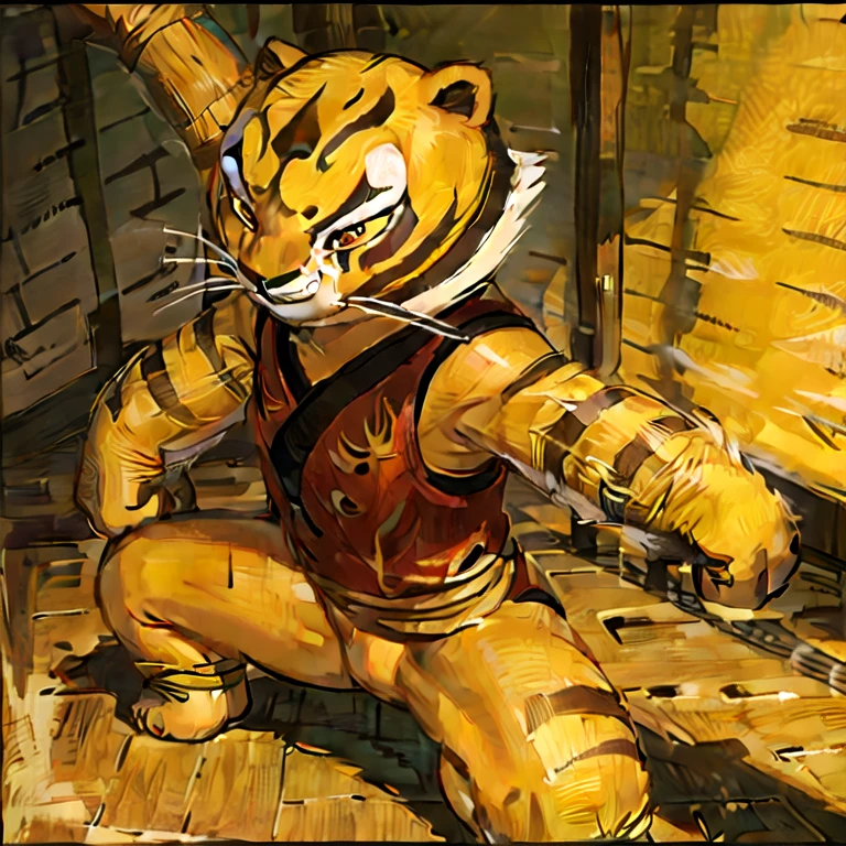 Masterpiece, best quality, Master Tigress from Kung fu Panda, in the dojo, do Kung Fu workout, wears yellow sclera