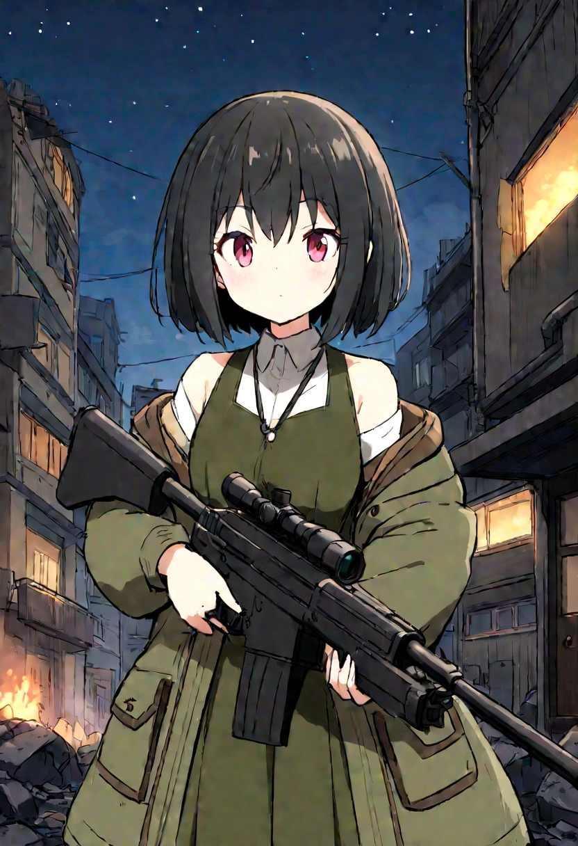 Mechanical、重tank、KV-1、Personificationanime、tankのパーツ、mechanical、Armor、tankの艤装、tankの部品でできた服、tankの部品が付いた服、Highest quality、high resolution、Detailed Description、Detailed Background、Accurate depiction、tank、tank娘、Personification、tankのPersonification、animeスタイル、anime、girl、battlefield、rubble、Hold a large caliber rifle、Big guns、Black Short Hair、Sharp Eye、cute、night、battle、Urban area、Destroyed City