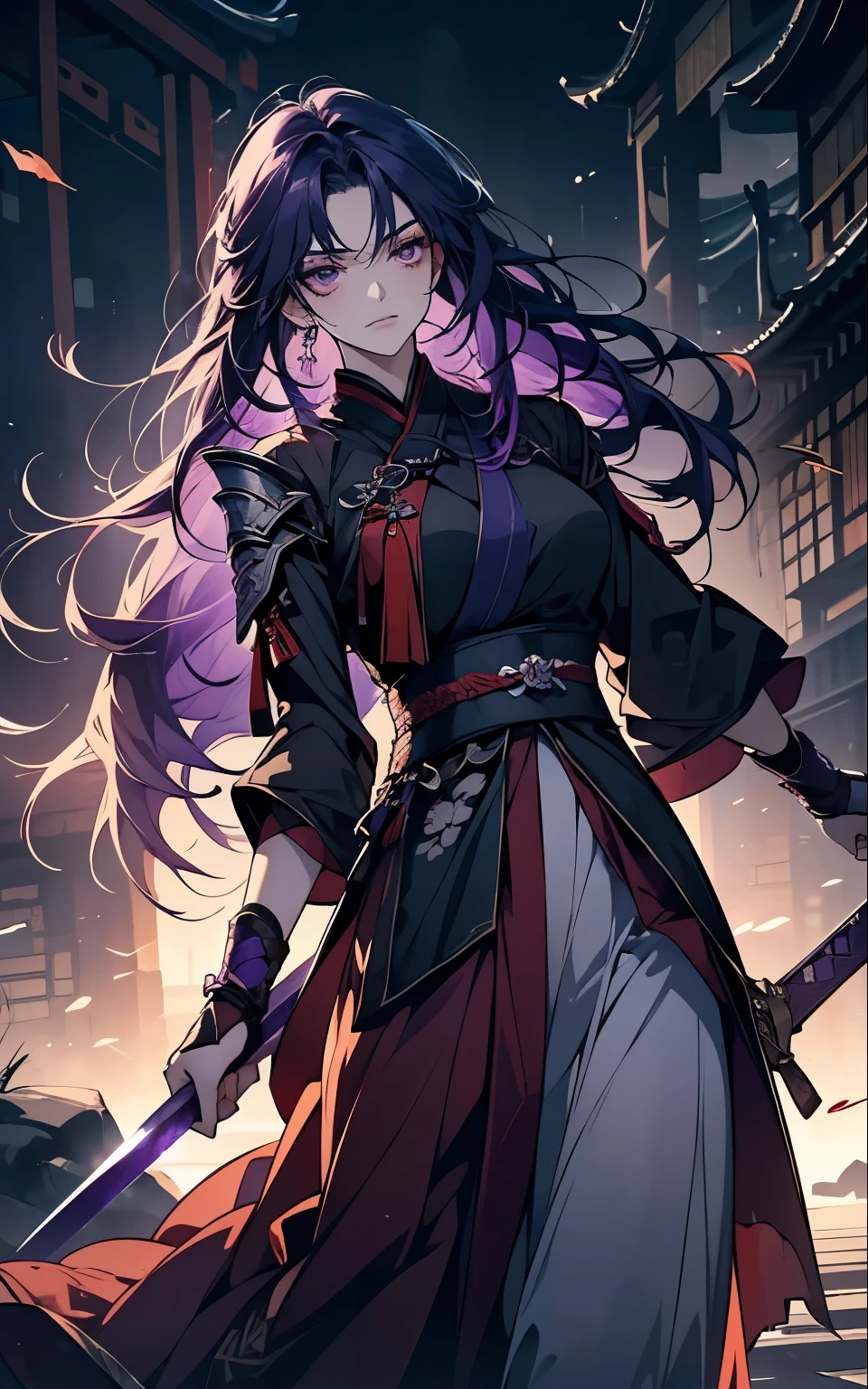 (!Fight, battle, blood, weapon, sword, blood coming out of his mouth, injury, torn clothes, horror!) 1 women, Raiden Shogun - genshin impact, long purple hair, violet eyes, violet chinese clothes, ultra long skirt,