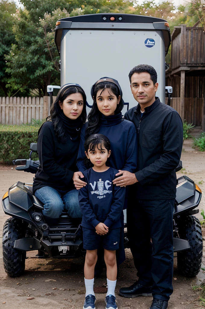 Family photo in front of ATV. Father and mother wear navy blue clothes with an ATV pattern, mother wears a hijab, 5 year old daughter with curly black hair wears an ATV picture, 3 year old son with straight black hair